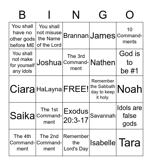 The Ten Commandments Bingo Card