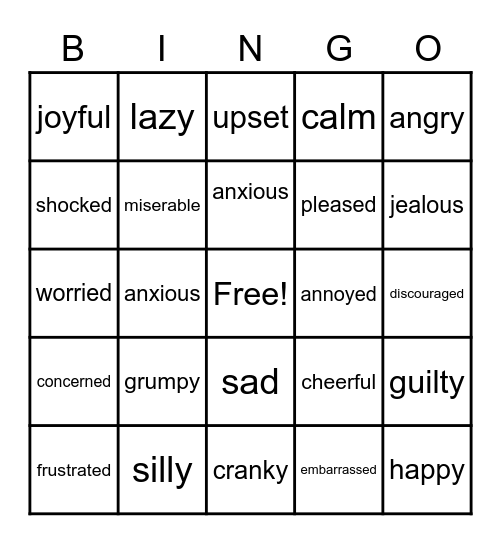Feelings and Emotions Bingo Card