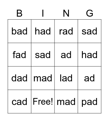 -ad Word Family Bingo Card