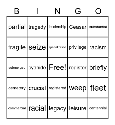 National Reading Vocabulary - Week 18 Bingo Card