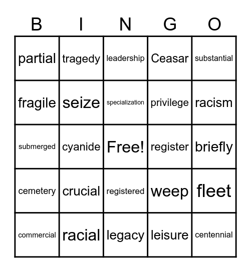 National Reading Vocabulary - Week 18 Bingo Card