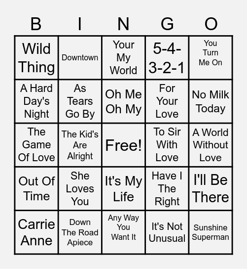 BRITISH INVASION Bingo Card