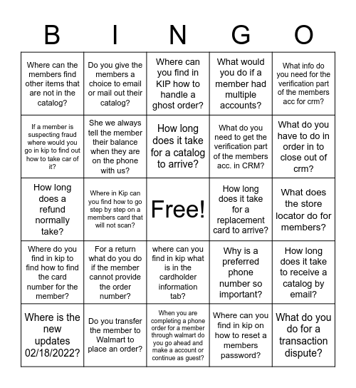 Kip knowledge bingo!! Bingo Card