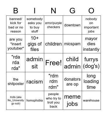 gmod rp Bingo Card