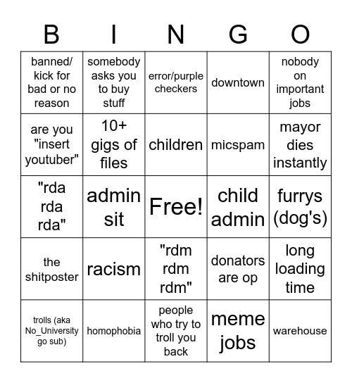 gmod rp Bingo Card