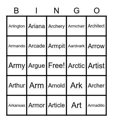 Beginning "Ar" Words Bingo Card