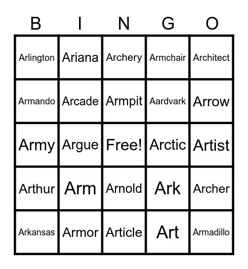 Beginning "Ar" Words Bingo Card