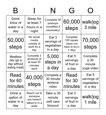 Wellness Bingo Week 1 Bingo Card