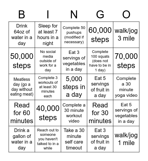 Wellness Bingo Week 1 Bingo Card