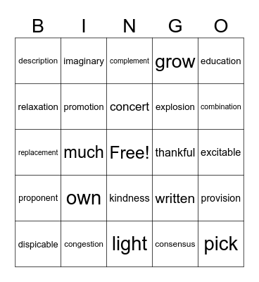 Spelling Words Bingo Card