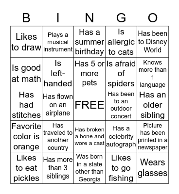 Getting To Know You Bingo Card