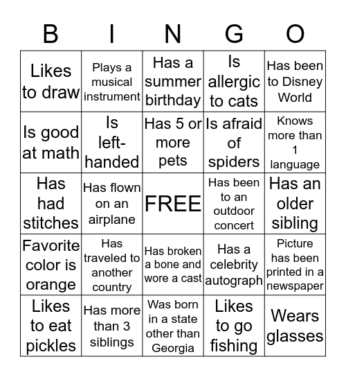 Getting To Know You Bingo Card