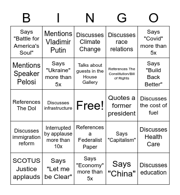 2022 State of the Union Bingo Card