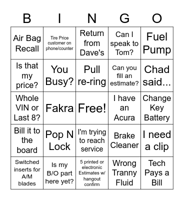 Parts Dept. Bingo -- BONUS FIVE part 2 Bingo Card