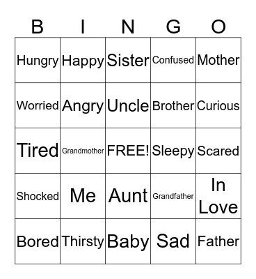 Family and Feelings Bingo Card