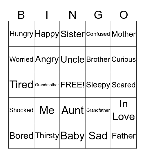 Family and Feelings Bingo Card