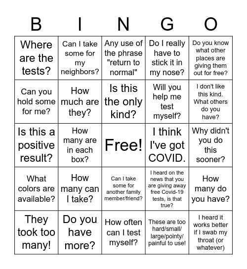COVID-19 Test Distribution Bingo Card