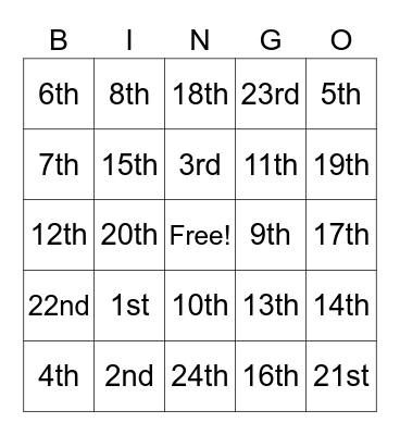 Ordinal Number Bingo Card