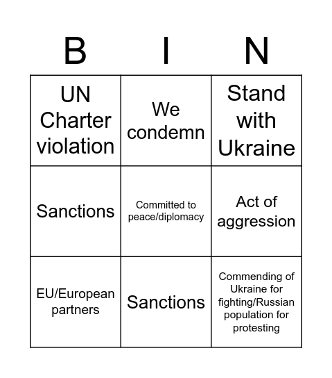UNSC Bingo Card