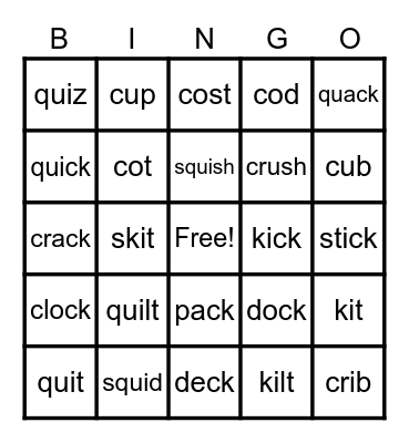 /qu/ /k/ Sounds Bingo Card