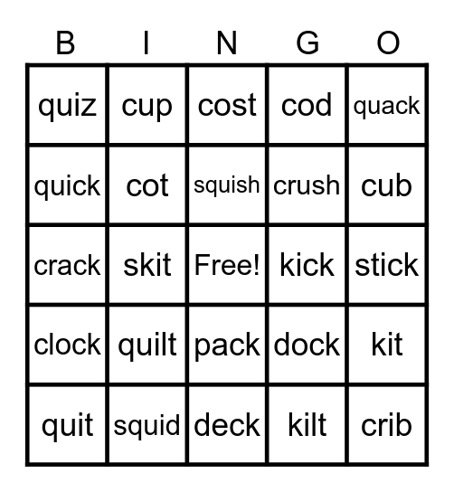 /qu/ /k/ Sounds Bingo Card