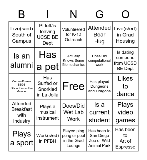 BE Grad Alumni Mixer Bingo Card