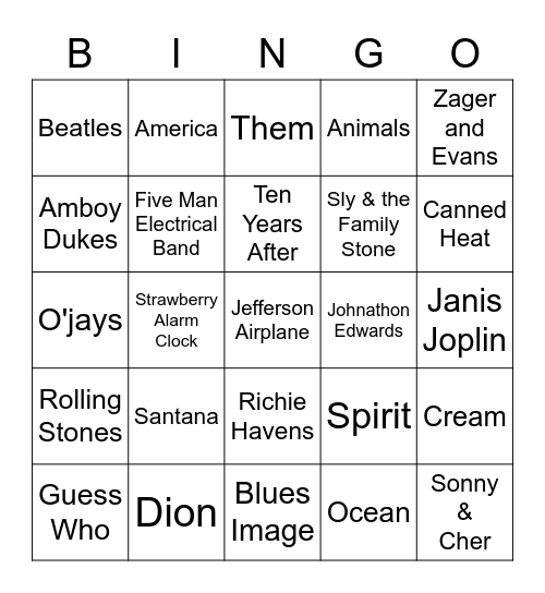 Hippie Rock Bingo Card