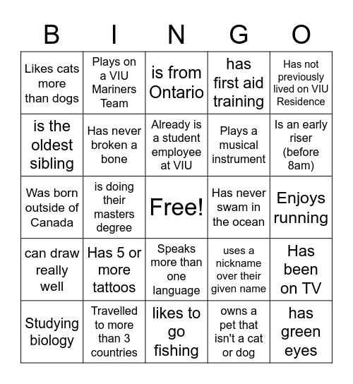 Personality Bingo Card