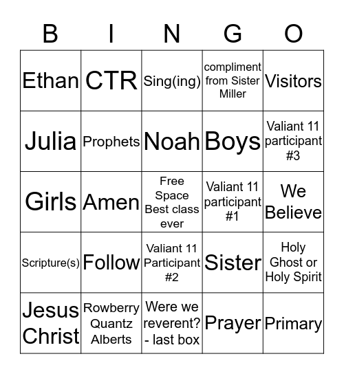 Valiant 11 Primary Bingo #2 Bingo Card