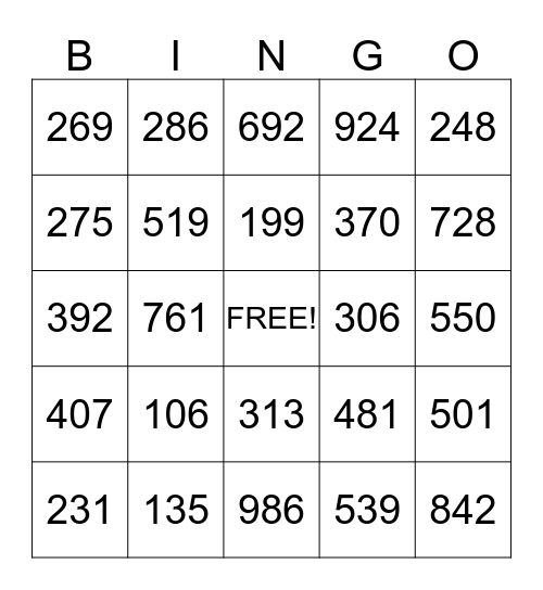 Hundreds Bingo Card