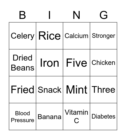 OZCF Seniors Nutrition Bingo Card