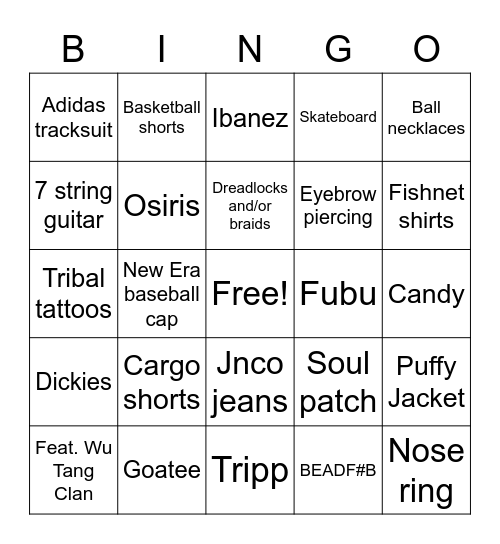 Nu Metal Bingo Card