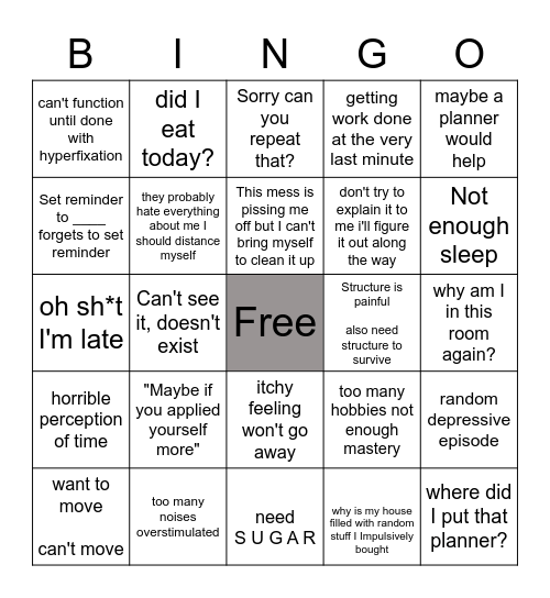 ADHD Bingo Card