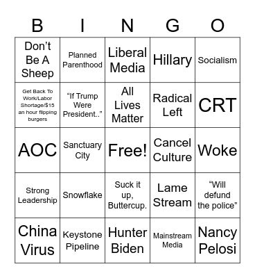Conservative Blather Bingo Card