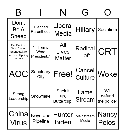 Conservative Blather Bingo Card