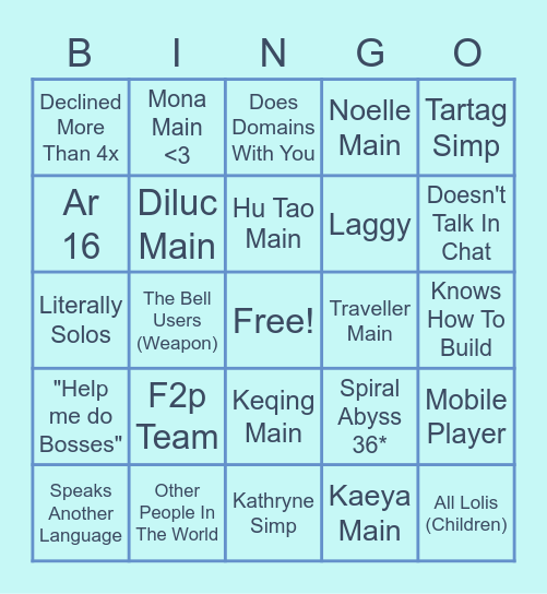 Genshin Co-op Bingo v.2 Bingo Card