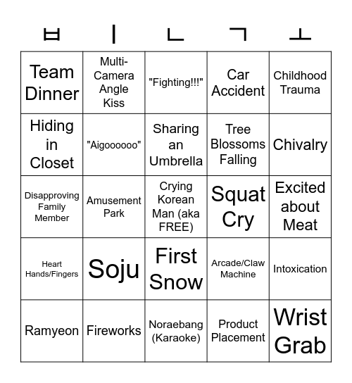 KDrama Romcom (Modern) Bingo Card