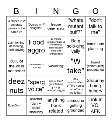 Mom's House VC Bingo Card