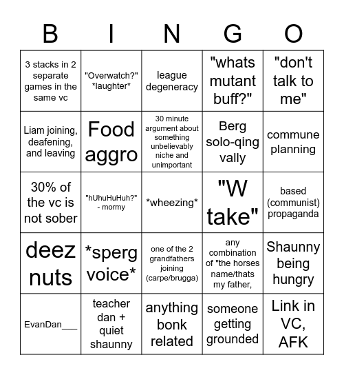 Mom's House VC Bingo Card