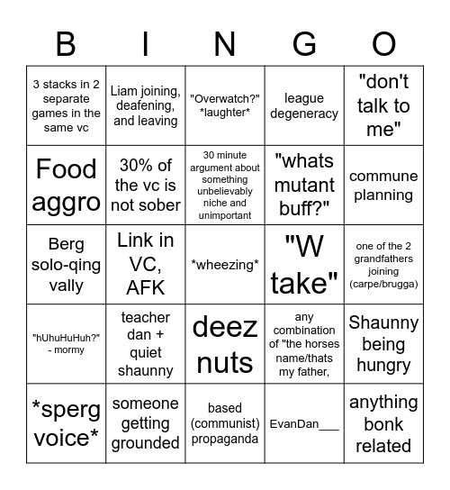 Mom's House VC Bingo Card