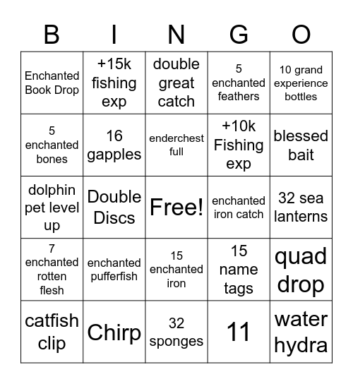 Fishing Bingo Card