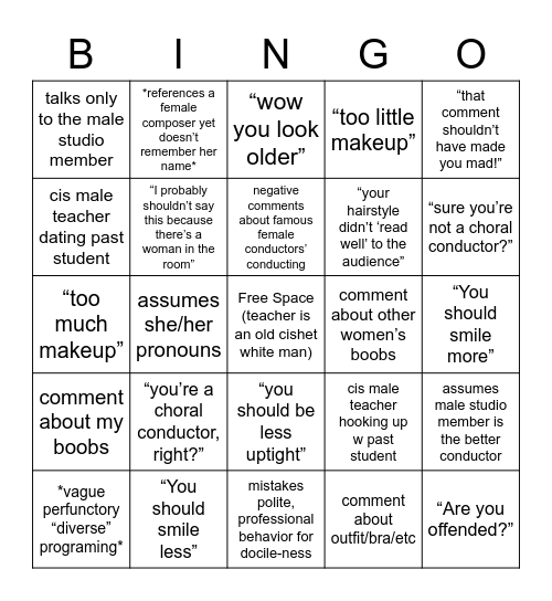 Casual Misogyny in Orchestral Conducting Bingo Card