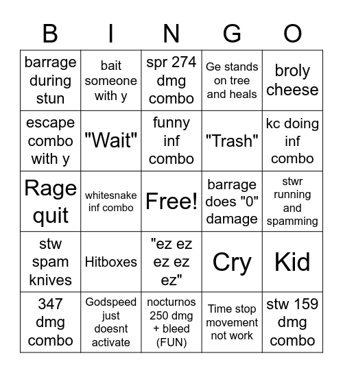 Killua bingo Card