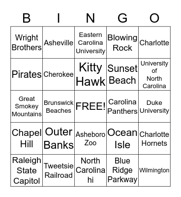 North Carolina Bingo Card
