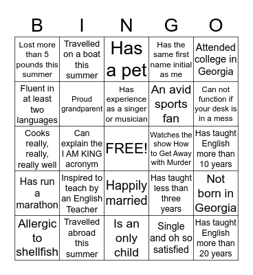 Getting to Know You Bingo Card