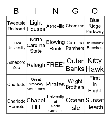 North Carolina Bingo Card