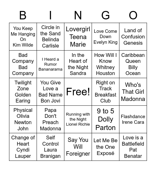 Music - 80s Edition Bingo Card