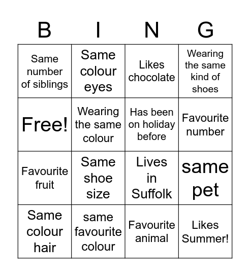 Common Things Bingo Card