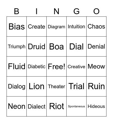 V.V Word Division Bingo Card