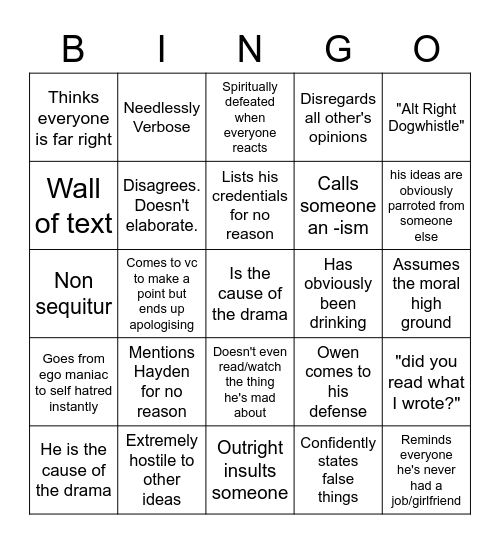 Zak Drama Bingo Card